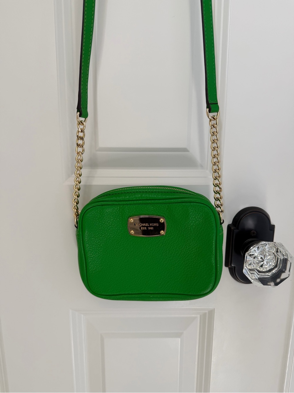 Michael Kors Green Pebbled Leather Crossbody with Gold Chain